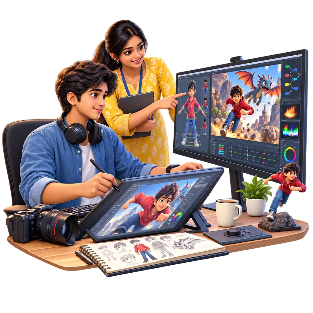 Animation and VFX student using a graphics tablet to model a 3D character on a computer screen.