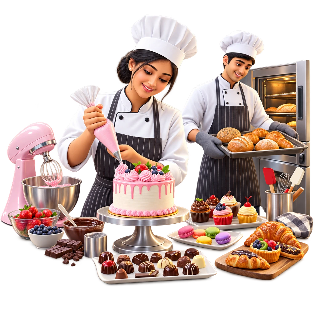 Certificate in Bakery and Confectionery trainee piping cream onto a cake with a pastry bag.