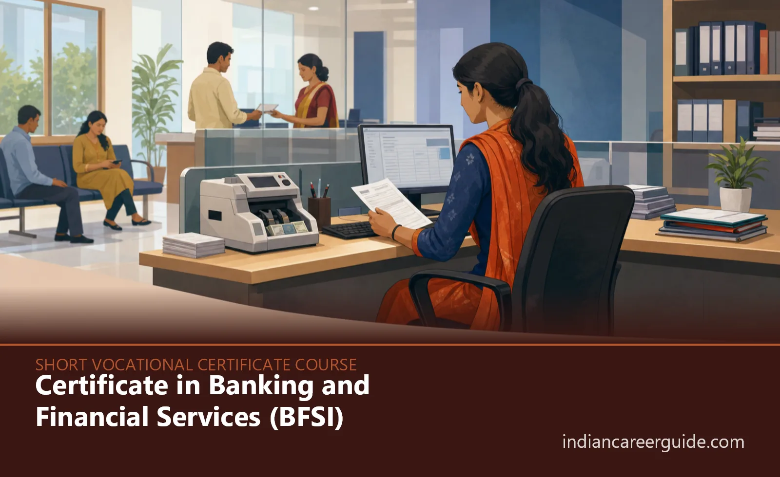 Inside an Indian bank branch, a trainee helps a customer at the counter, with Certificate in Banking and Financial Services below.