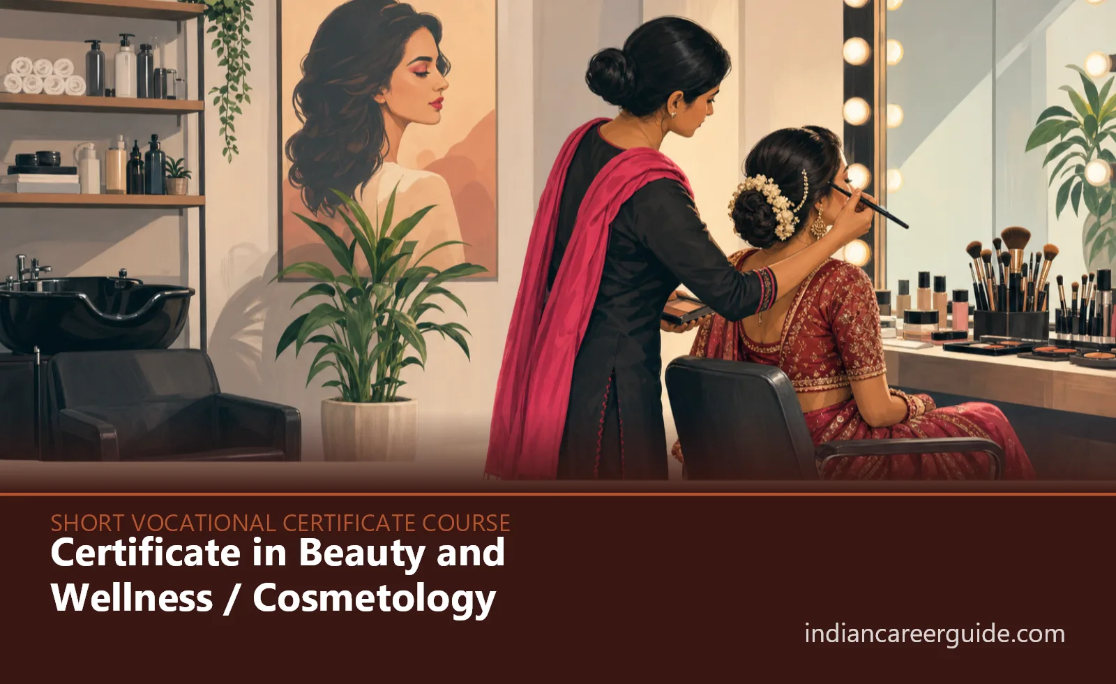 Beauty and Wellness Certificate trainee applying bridal makeup at an Indian salon, course name across the bottom.