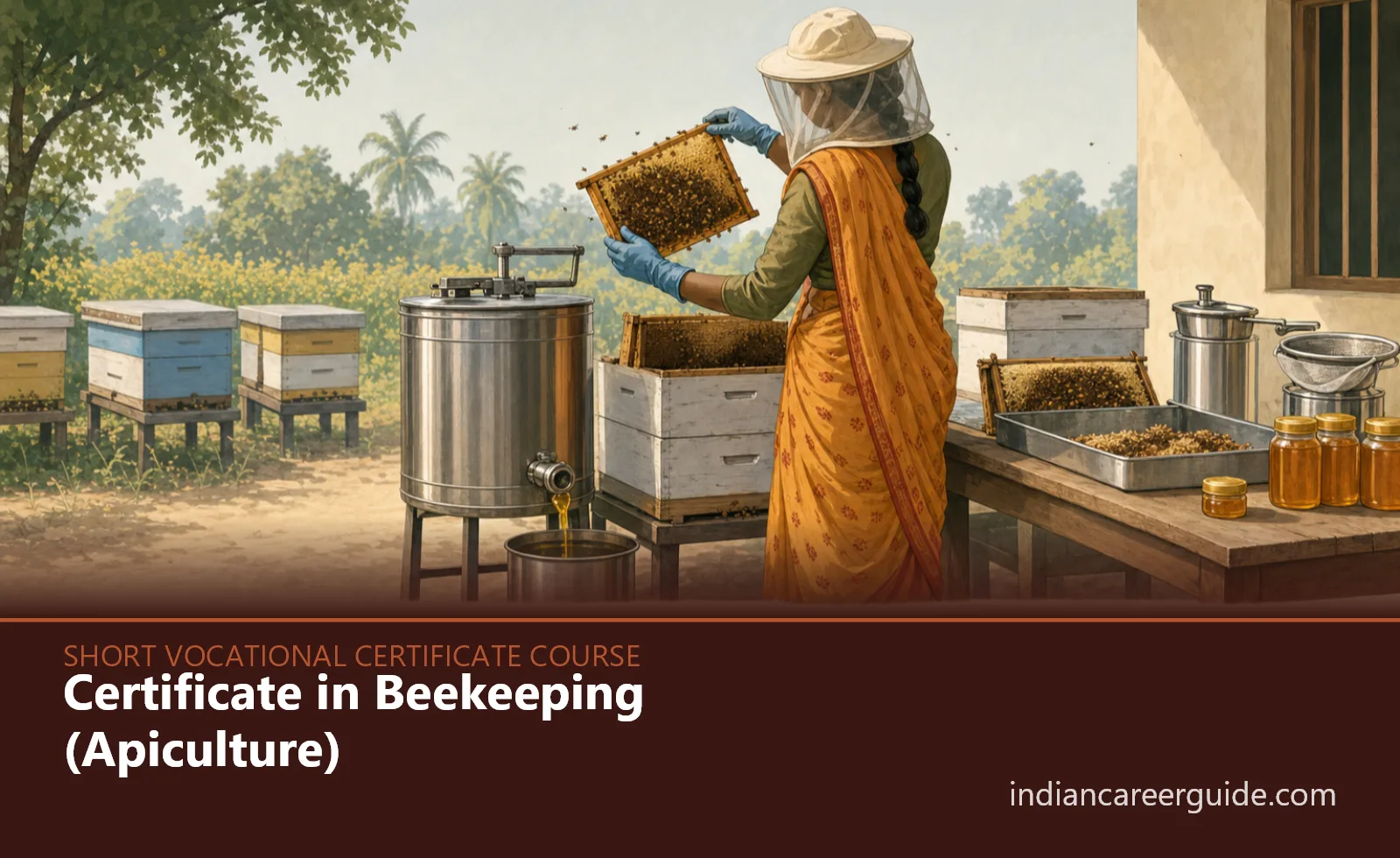 Rural apiary where a Certificate in Beekeeping trainee checks hive boxes among flowering crops.