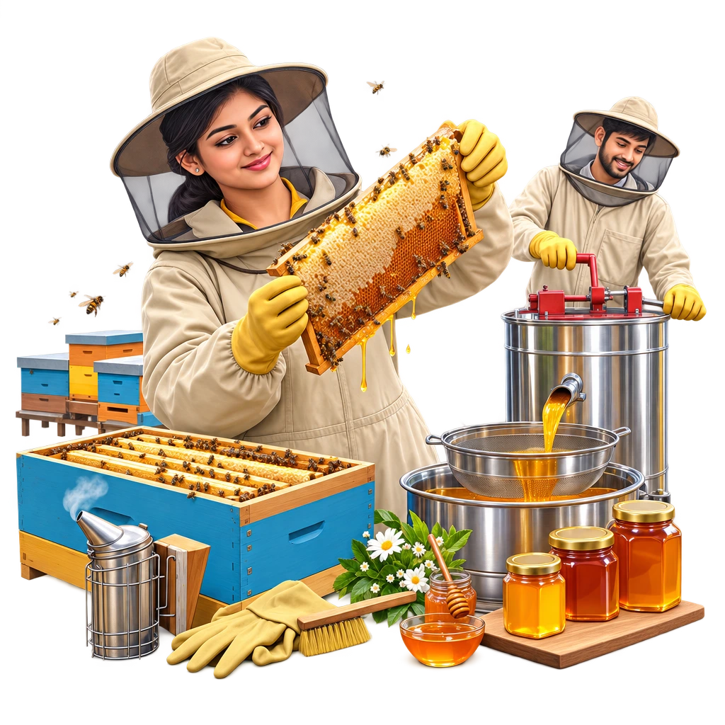 Beekeeper in protective veil inspecting a honeycomb frame from a hive, Certificate in Beekeeping course.