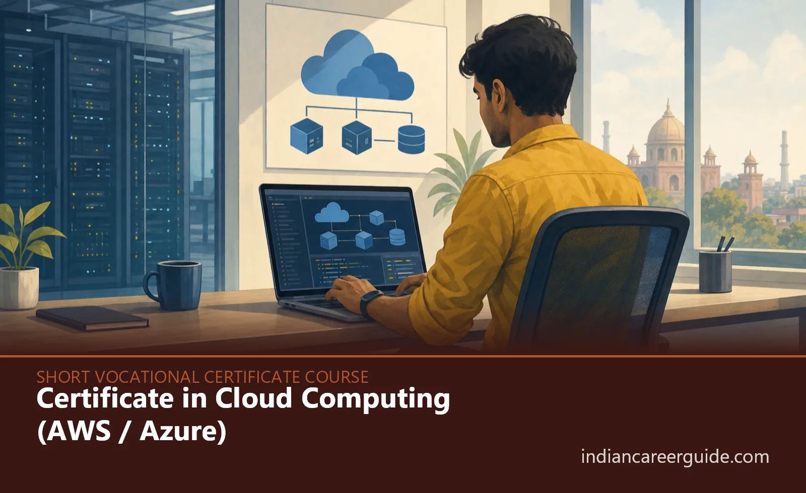 Computer lab where a trainee configures cloud services on a laptop during Certificate in Cloud Computing.