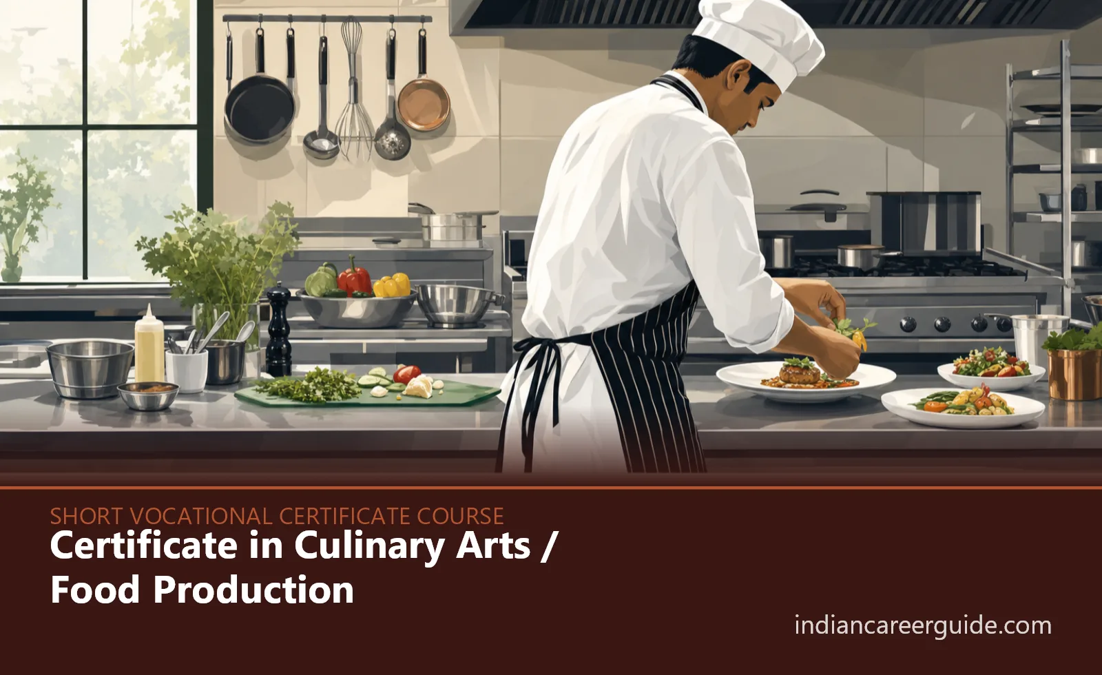 Training kitchen where a Culinary Arts student prepares dishes at a workstation beside cooking equipment.