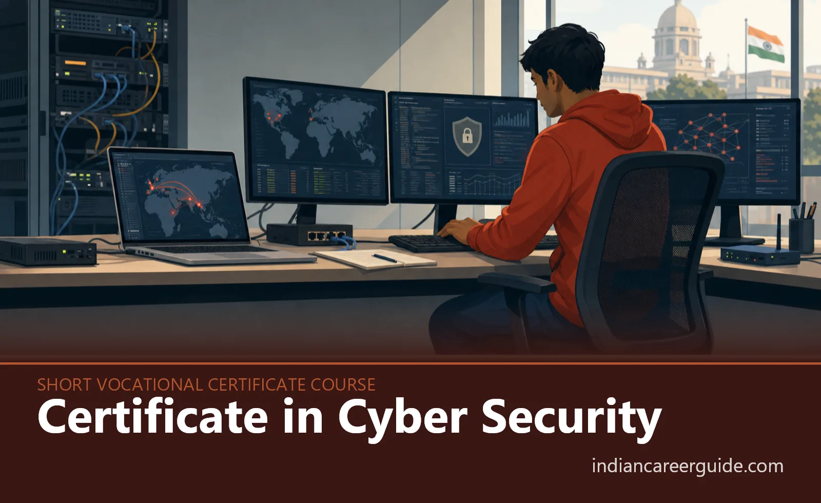 In a computer lab, a Certificate in Cyber Security trainee reviews vulnerability scan results on two monitors.