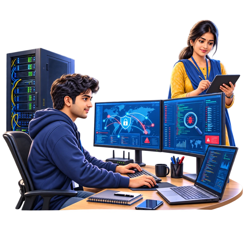 Certificate in Cyber Security trainee checking network alerts on a laptop beside a router and server cables.