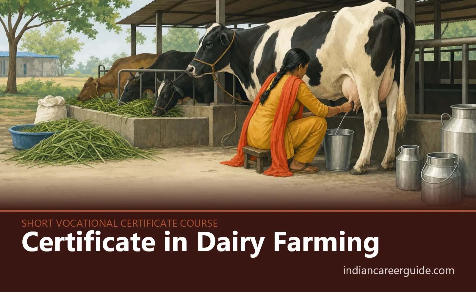 Indian dairy shed where a Certificate in Dairy Farming trainee feeds cattle at a row of stalls.
