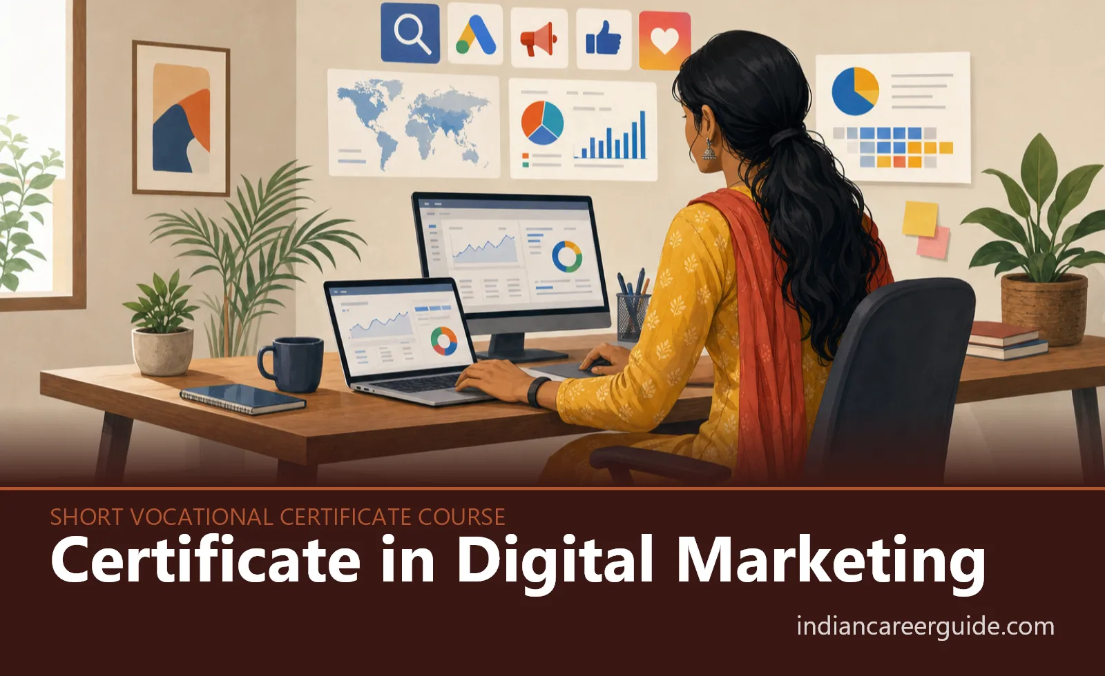 Office marketing team where a Certificate in Digital Marketing student reviews website analytics on a desktop screen.