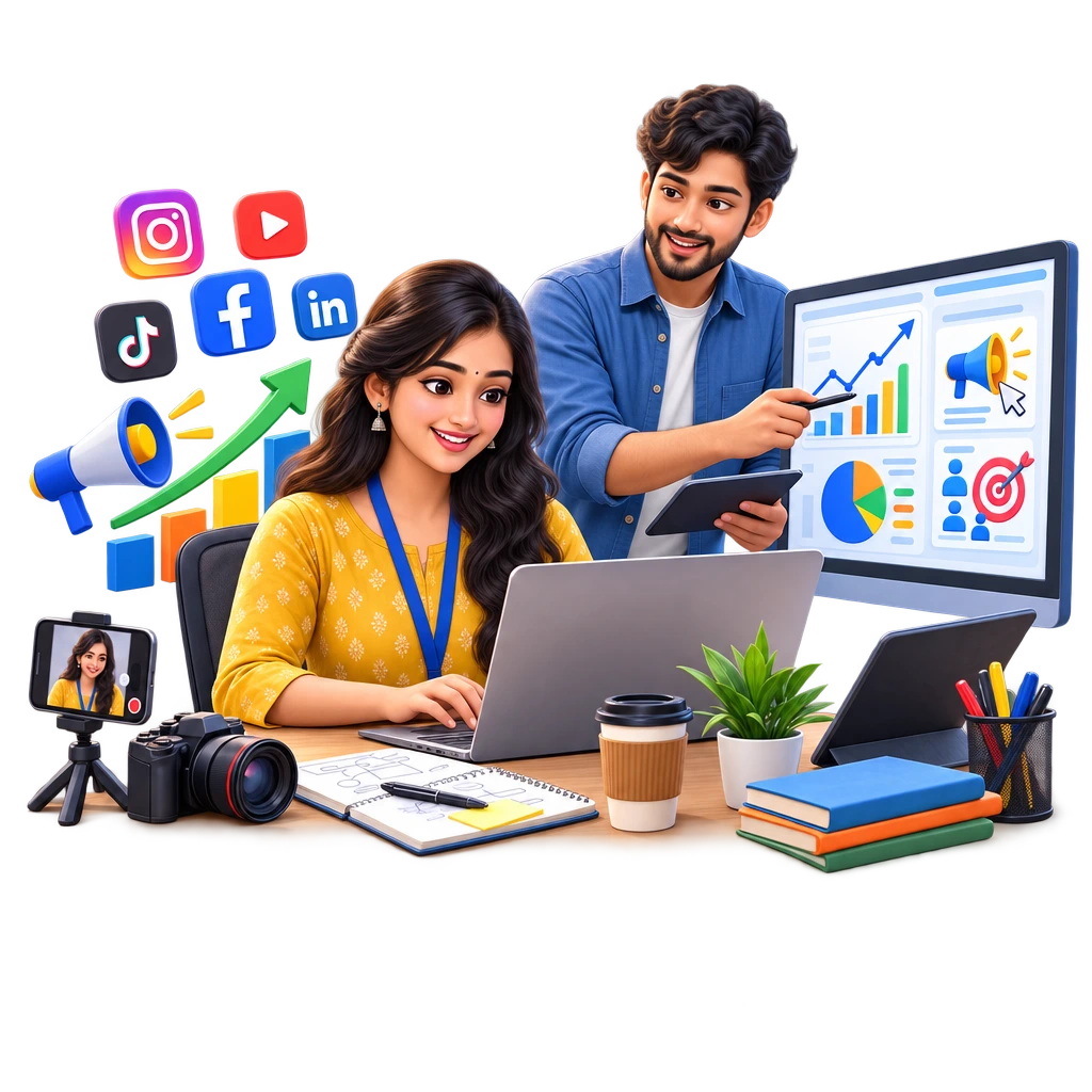Digital marketing trainee using a laptop to plan paid advertising and social media posts, Certificate course.