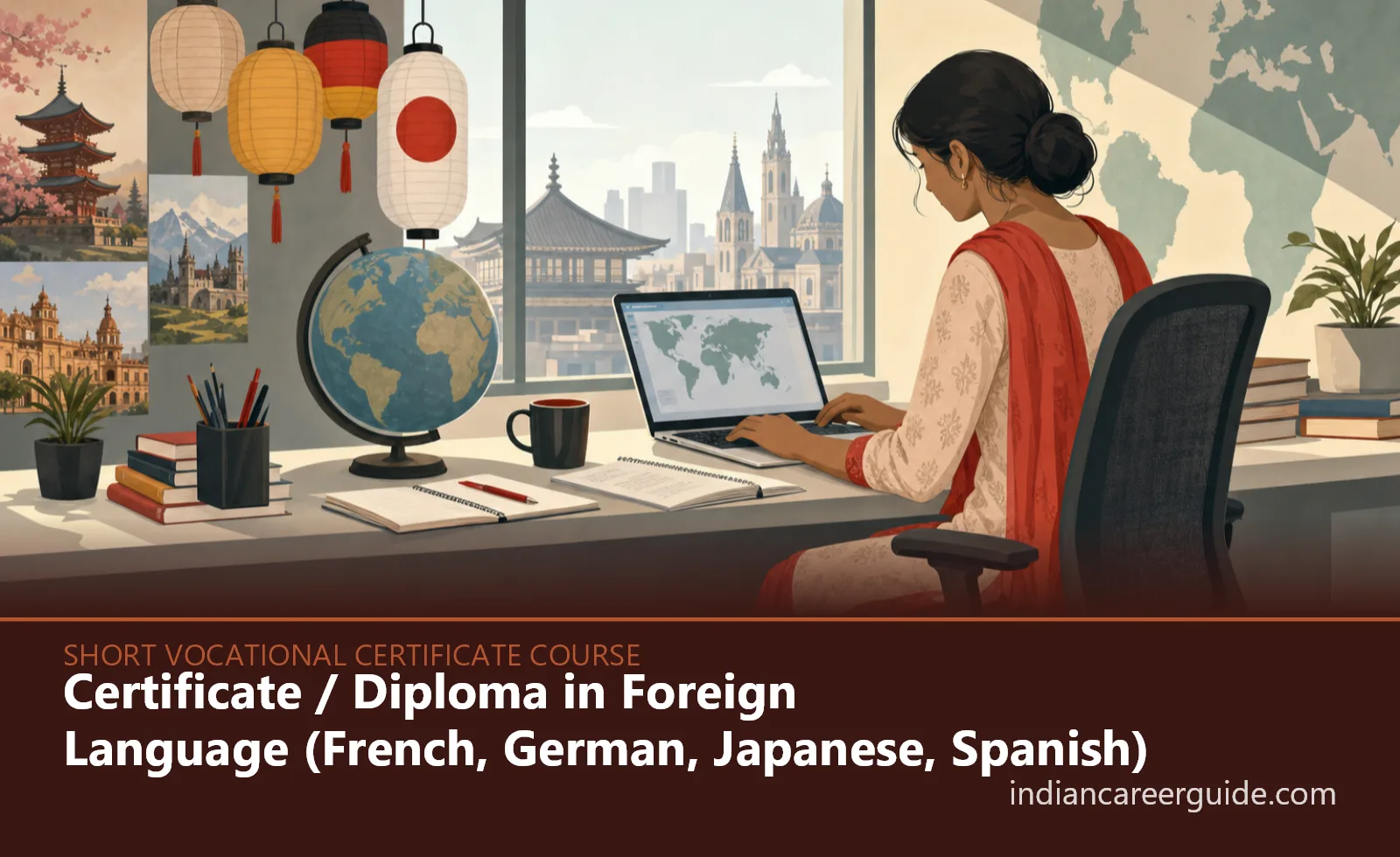 Interpreter translating at a multilingual support centre, with Certificate in Foreign Language across the bottom.