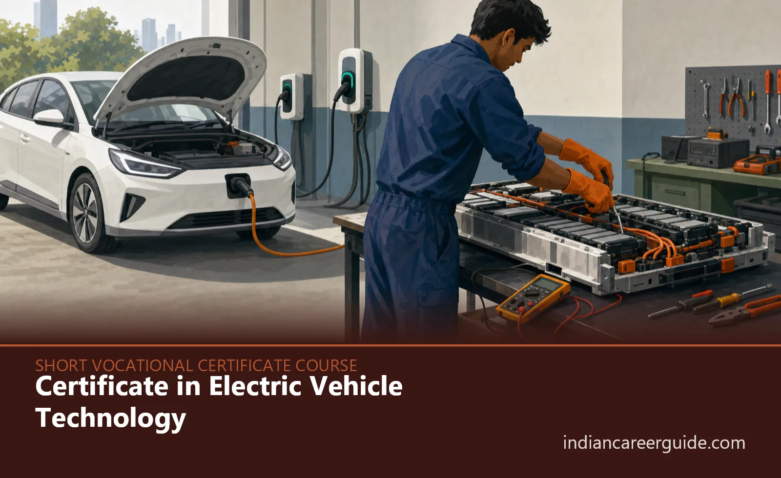 Indian EV service workshop where a trainee checks charging connections on an electric vehicle, Certificate in Electric Vehicle Technology.