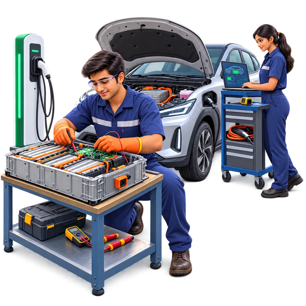 EV technician testing a battery pack with insulated tools beside an electric scooter, Certificate in Electric Vehicle Technology.