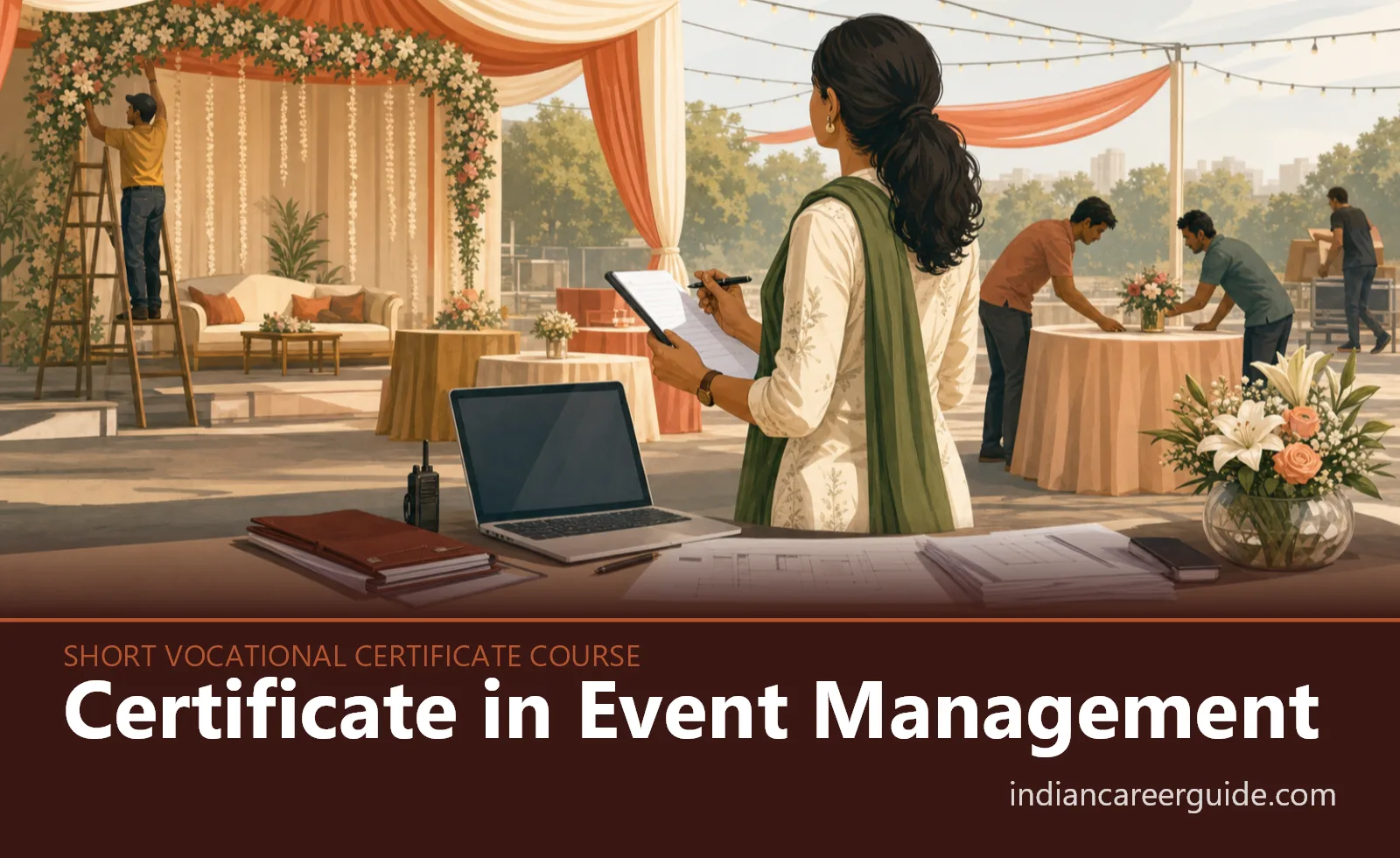 Hotel banquet hall where an Event Management trainee checks seating, lighting and vendor work before a function.