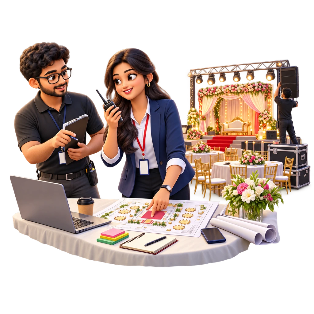 Event Management trainee with clipboard coordinating decorators as they set up a stage for a corporate event.