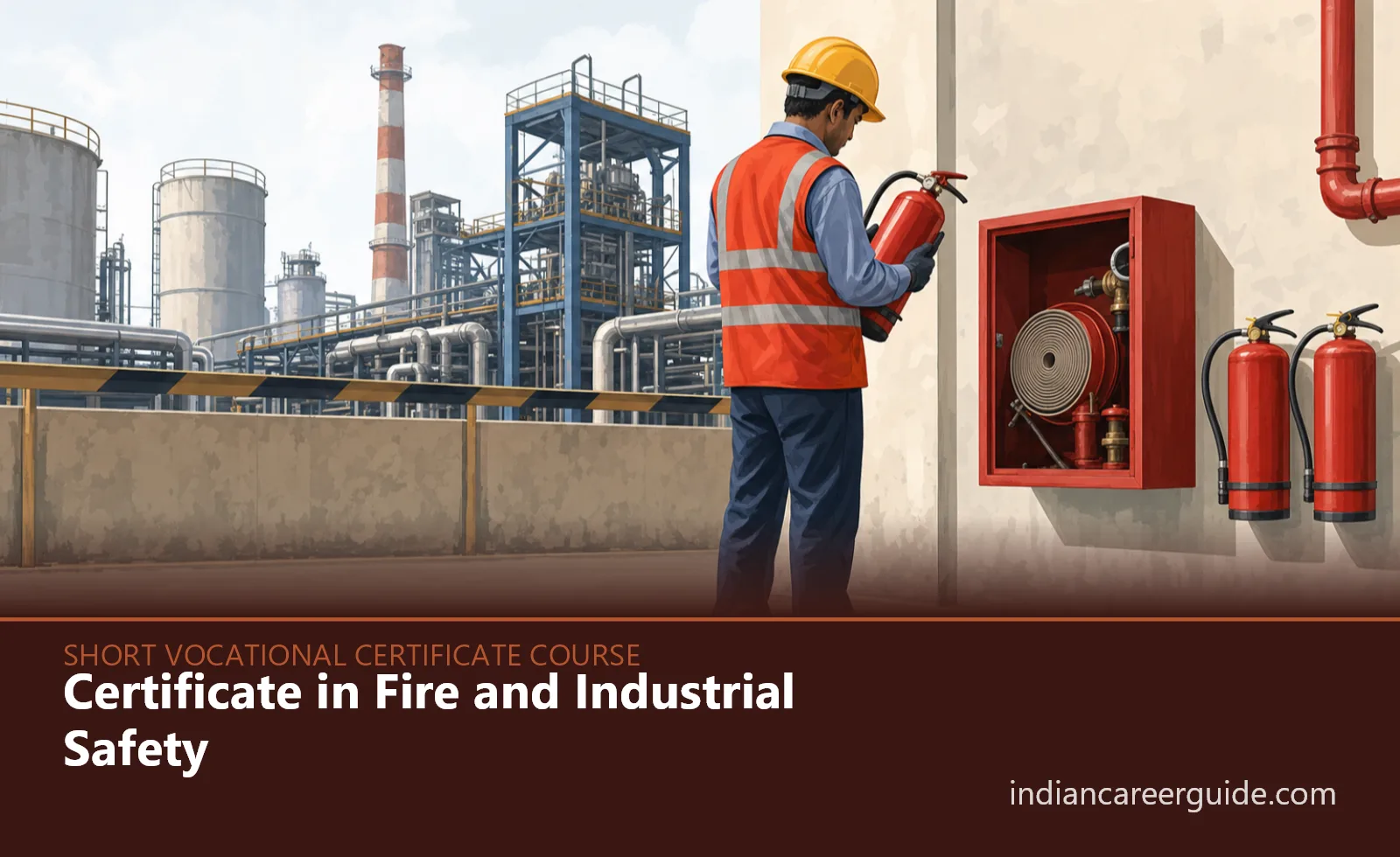 Factory floor where a Certificate in Fire and Industrial Safety trainee checks emergency firefighting equipment.