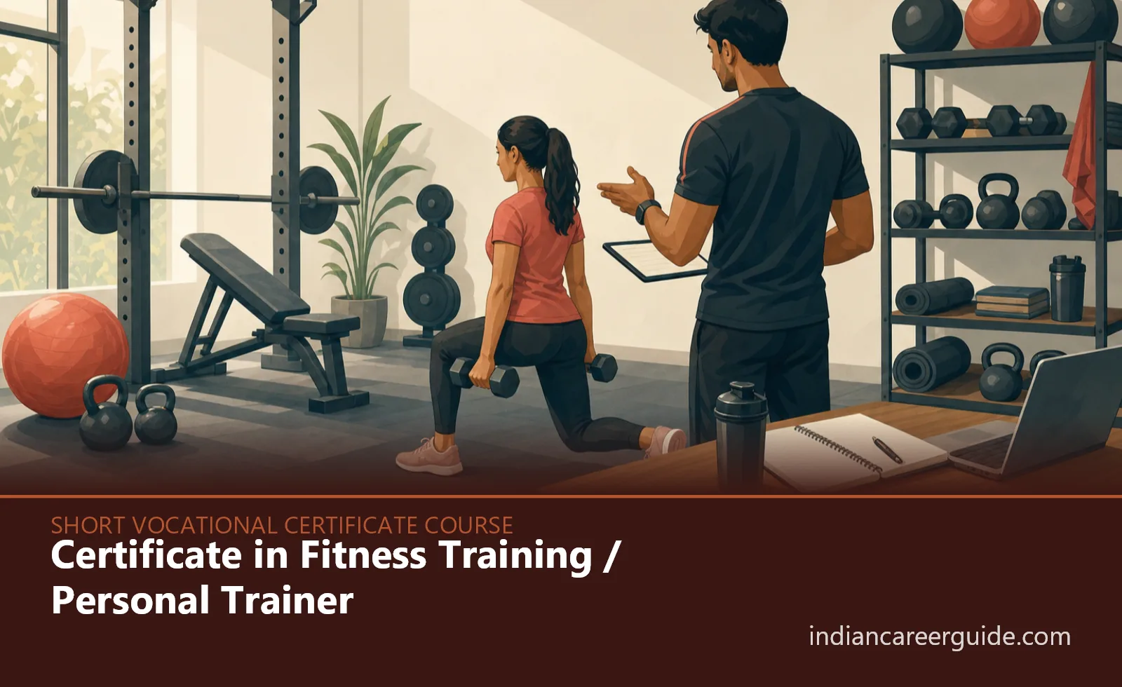 Gym floor where a Certificate in Fitness Training trainee guides a client through a dumbbell workout.