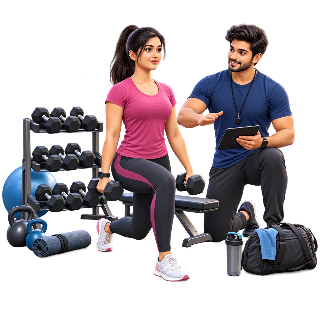 Personal Trainer demonstrating a dumbbell exercise to a client, Certificate in Fitness Training course.