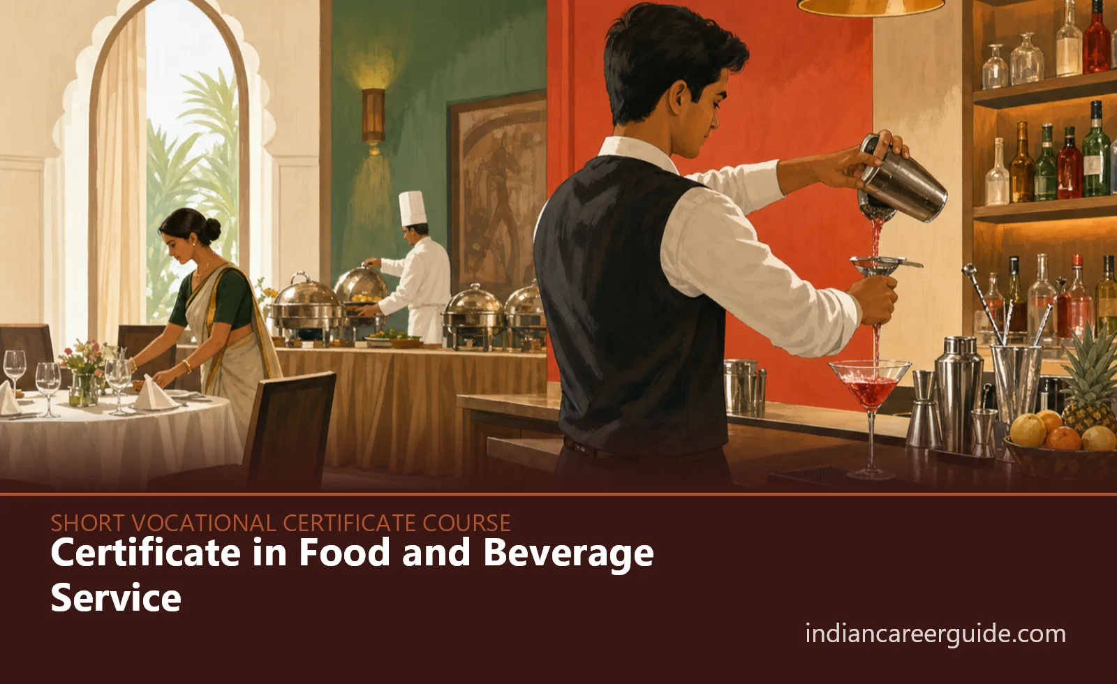 Hotel banquet hall where a Food and Beverage Service trainee sets tables for guests before service.