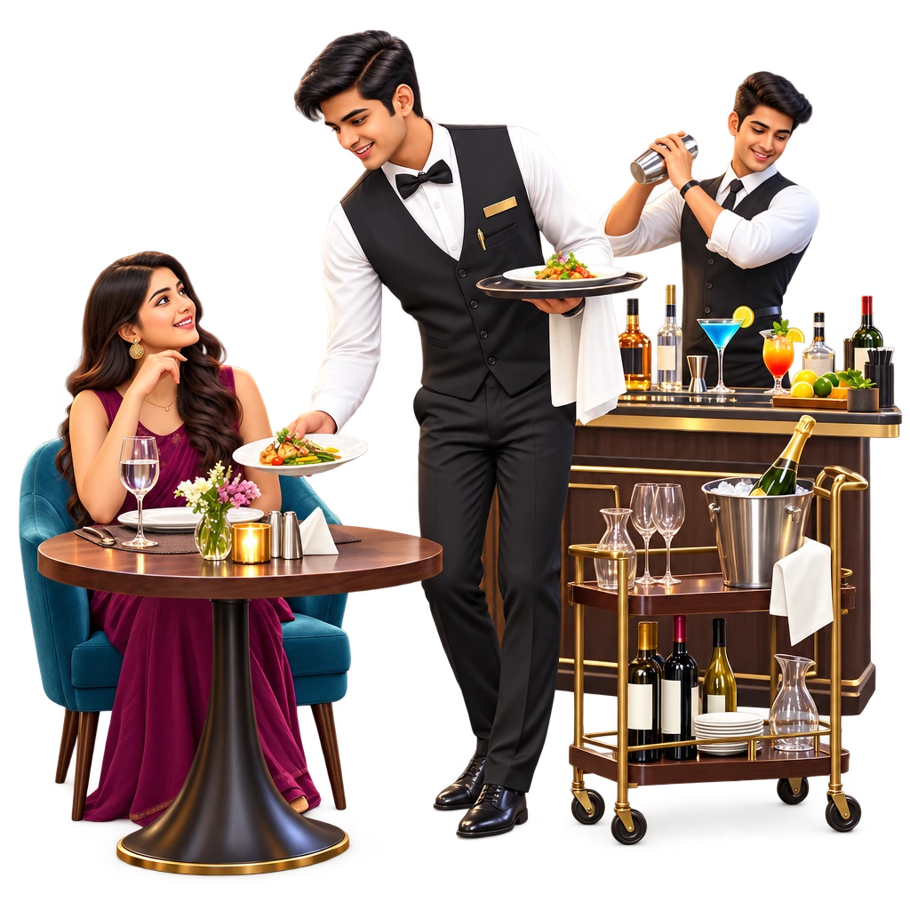 Food and Beverage Service trainee pouring a drink at a bar counter with glasses and a shaker.