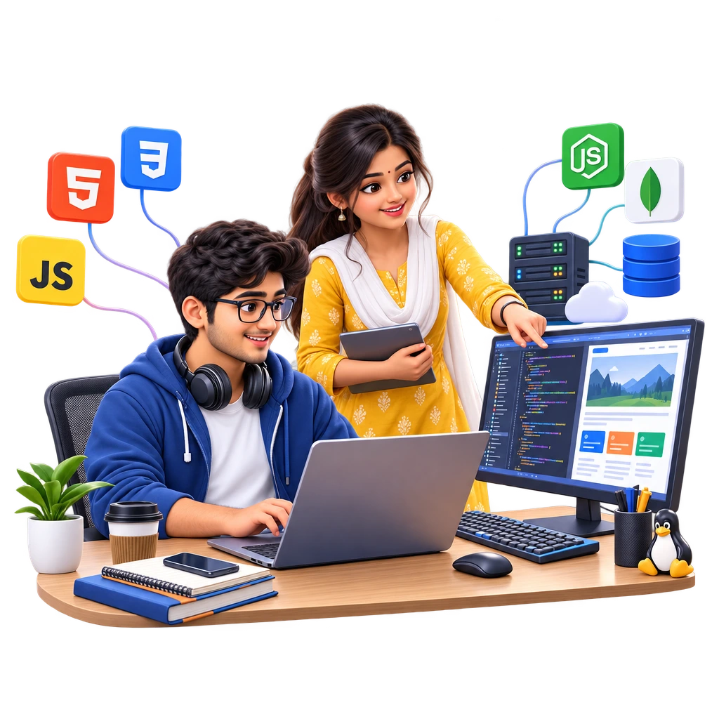 Certificate in Full Stack Web Development learner typing JavaScript on a laptop beside a database diagram.