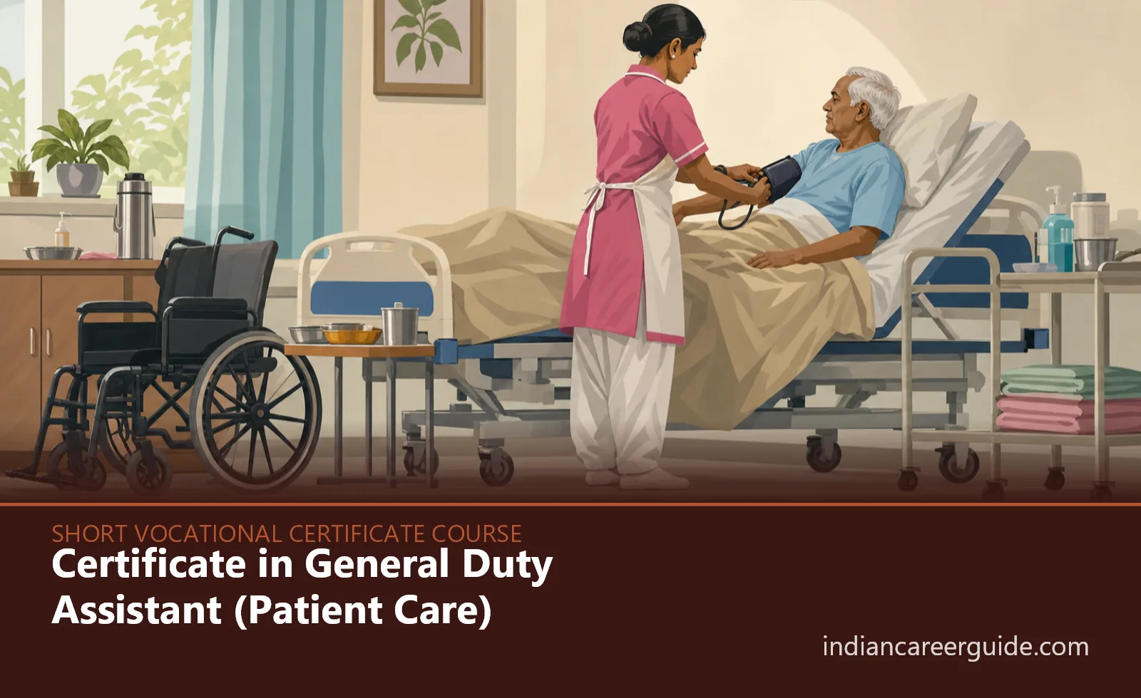 Hospital ward where a Certificate in General Duty Assistant trainee helps an older patient walk.