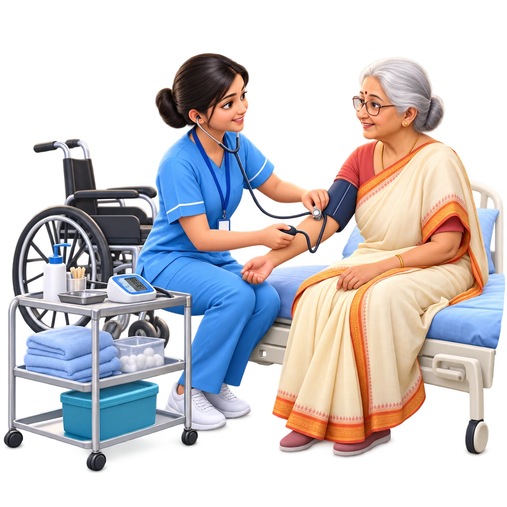 General Duty Assistant checking a patient's pulse beside a bed, Certificate in Patient Care.