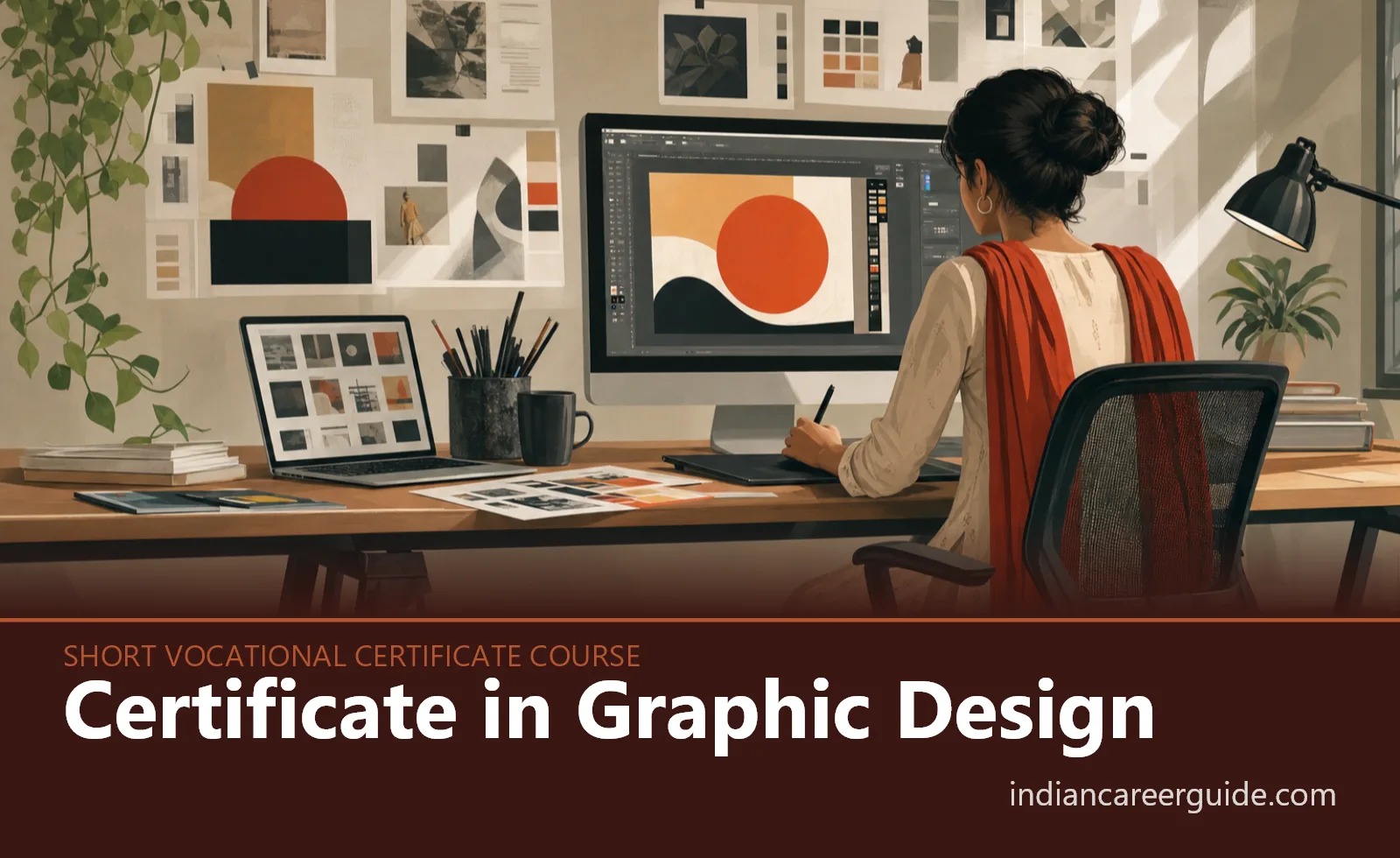 Design studio where a Certificate in Graphic Design trainee adjusts typography and layout at a computer workstation.