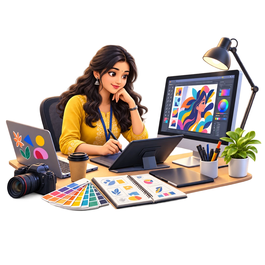 Certificate in Graphic Design student using Adobe Creative Suite on a laptop and drawing tablet for a brand layout.