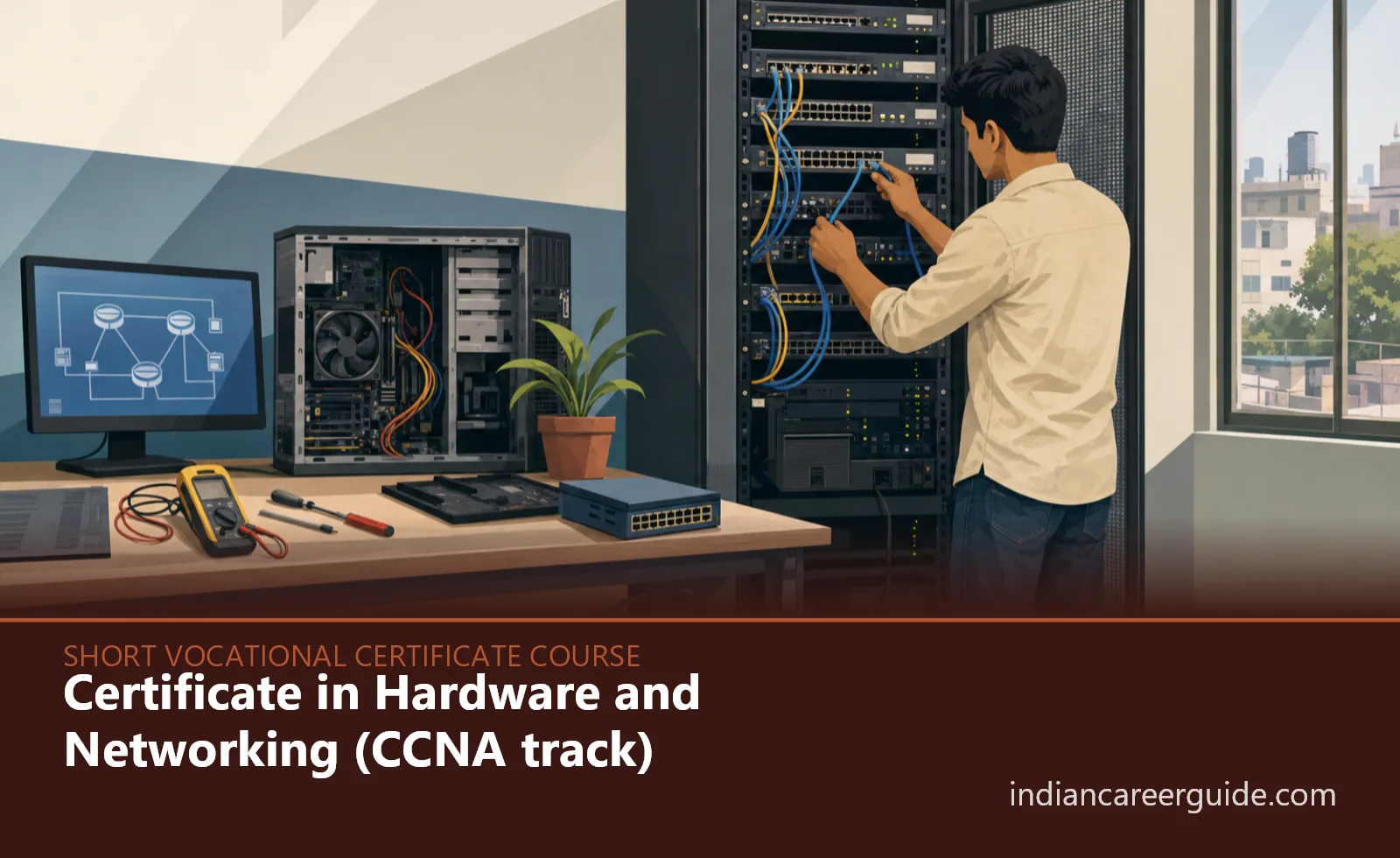 Indian IT support room where a CCNA track certificate trainee connects network cables to a switch.