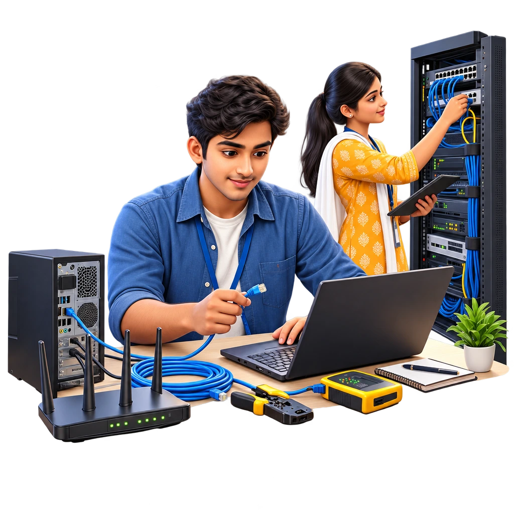 Hardware and Networking trainee testing a desktop computer with a cable tester, CCNA track certificate.
