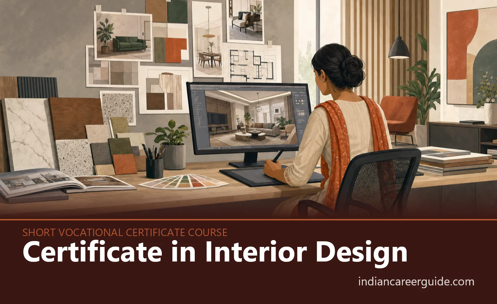 Home interior site where a Certificate in Interior Design trainee checks a modular kitchen layout.