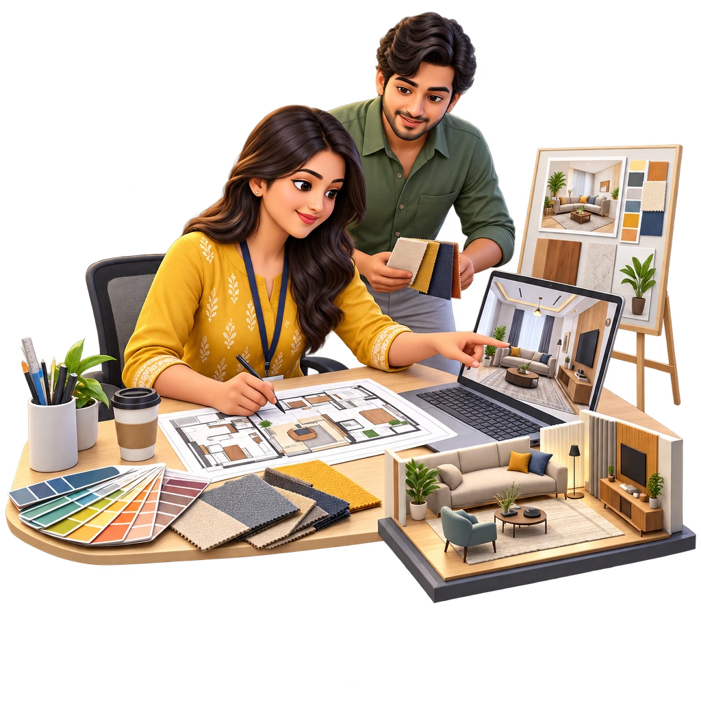 Interior design trainee using 3D visualisation software to plan a room layout with furniture materials.