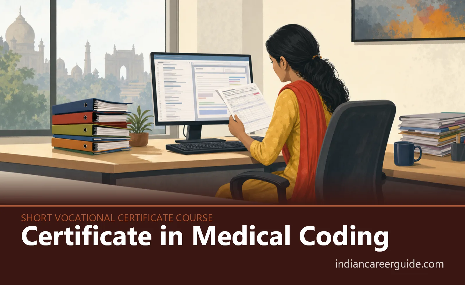 Healthcare BPO office where a Medical Coding trainee checks patient records and enters insurance claim codes.