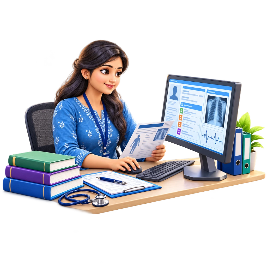 Medical Coding trainee reviewing clinical notes on a computer and entering ICD and CPT codes.