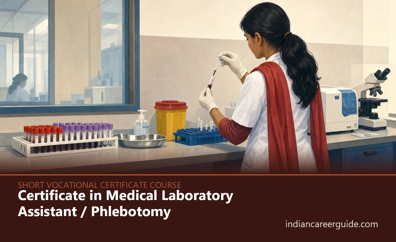Diagnostic laboratory where a Phlebotomy trainee labels blood sample tubes at a collection counter.