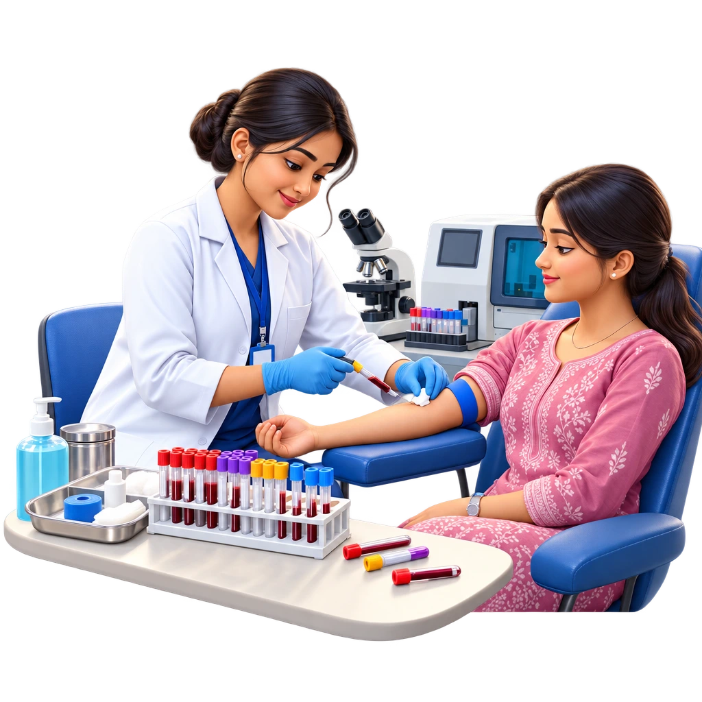 Medical Laboratory Assistant collecting a blood sample with a needle and labelled tube.