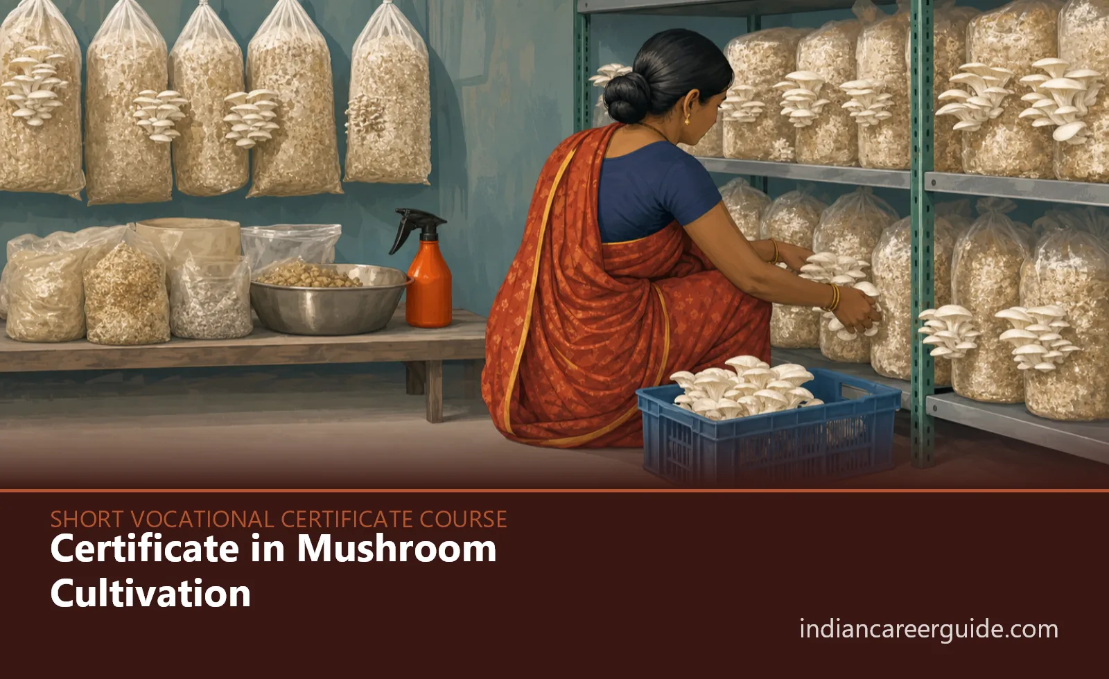 Inside a small mushroom growing unit, a trainee checks substrate bags during Certificate in Mushroom Cultivation.