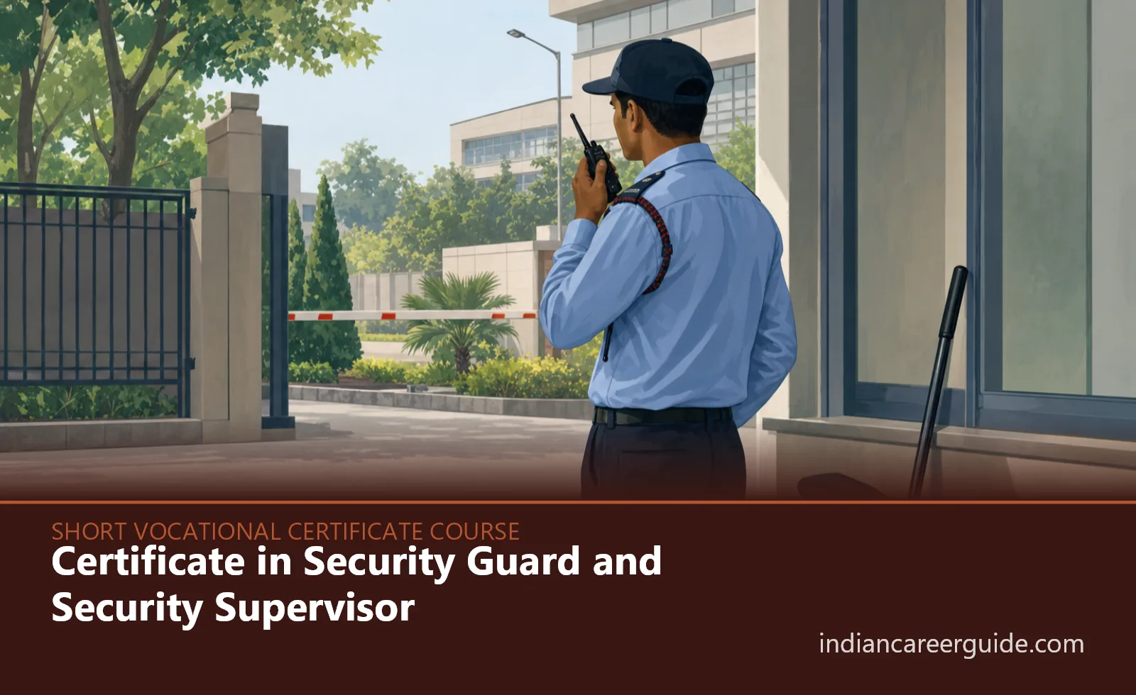 Office complex entrance where a trainee checks visitor records during the Certificate in Security Guard and Security Supervisor.