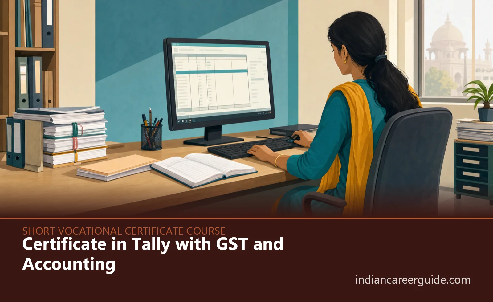 Small business accounts office where a trainee prepares GST returns on a computer for the certificate course.