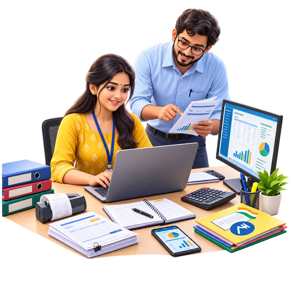 Accounts trainee entering ledger figures in Tally with GST and Accounting software on a desktop computer.