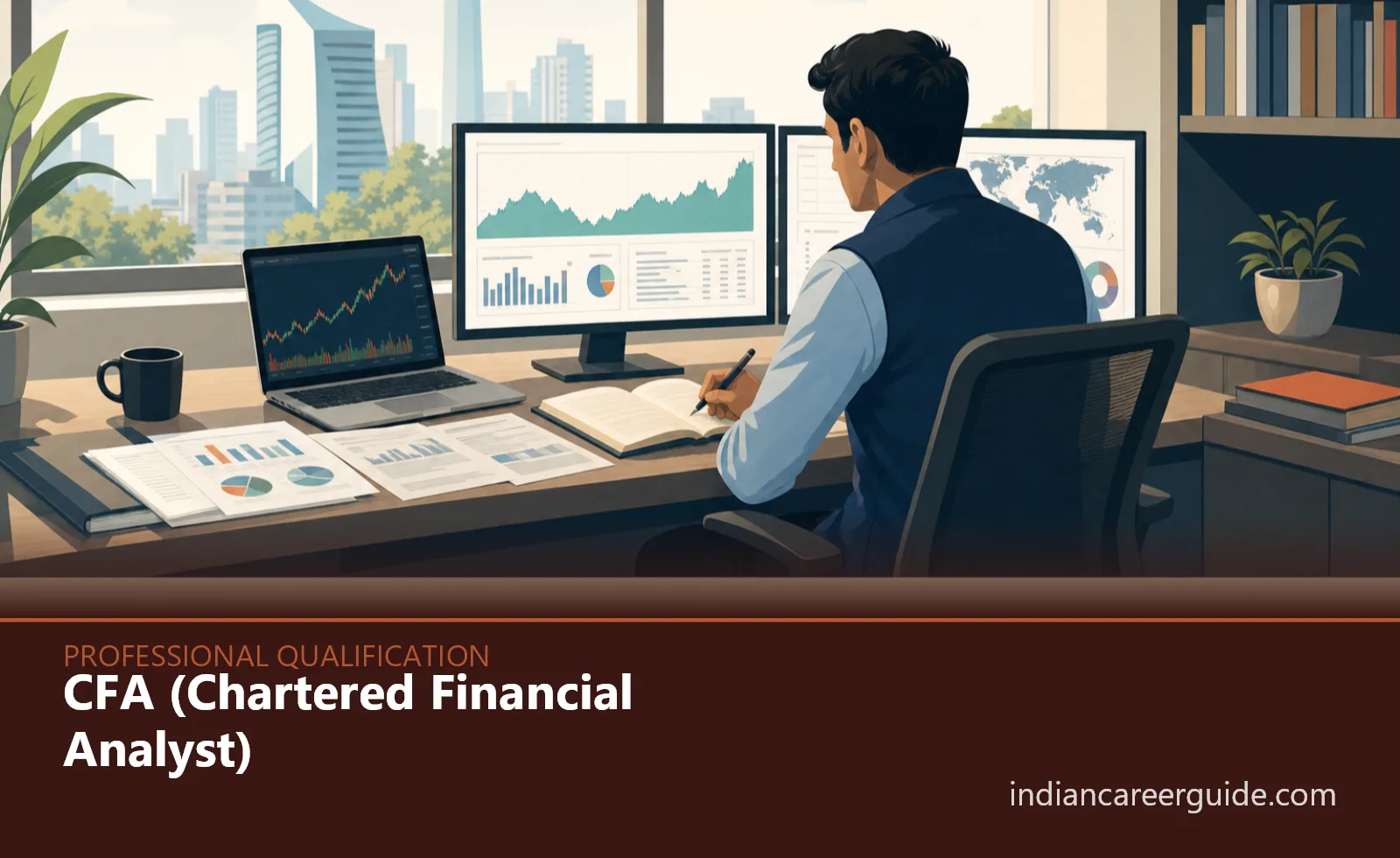 Investment research office in India where a CFA candidate studies equity data beside financial reports.
