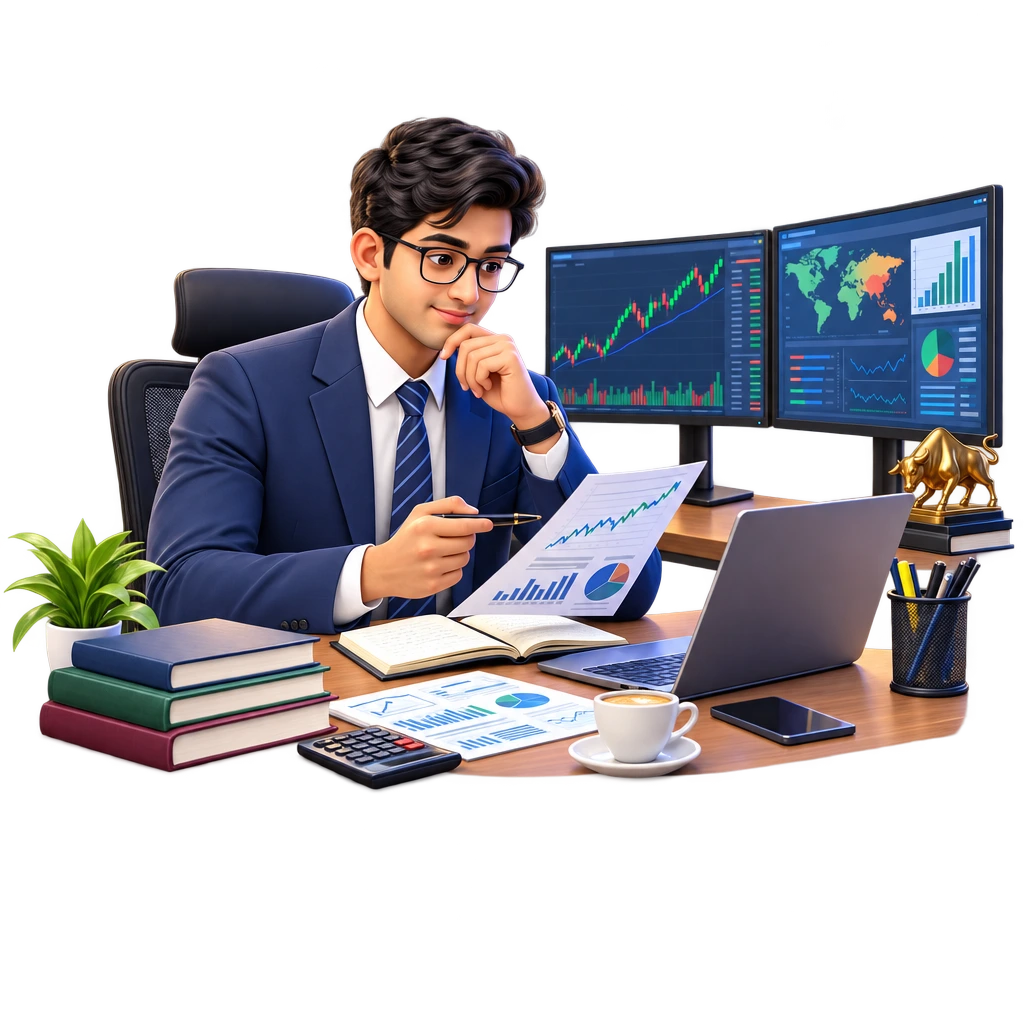 CFA candidate reviewing company financial reports and market charts on a laptop, CFA course.