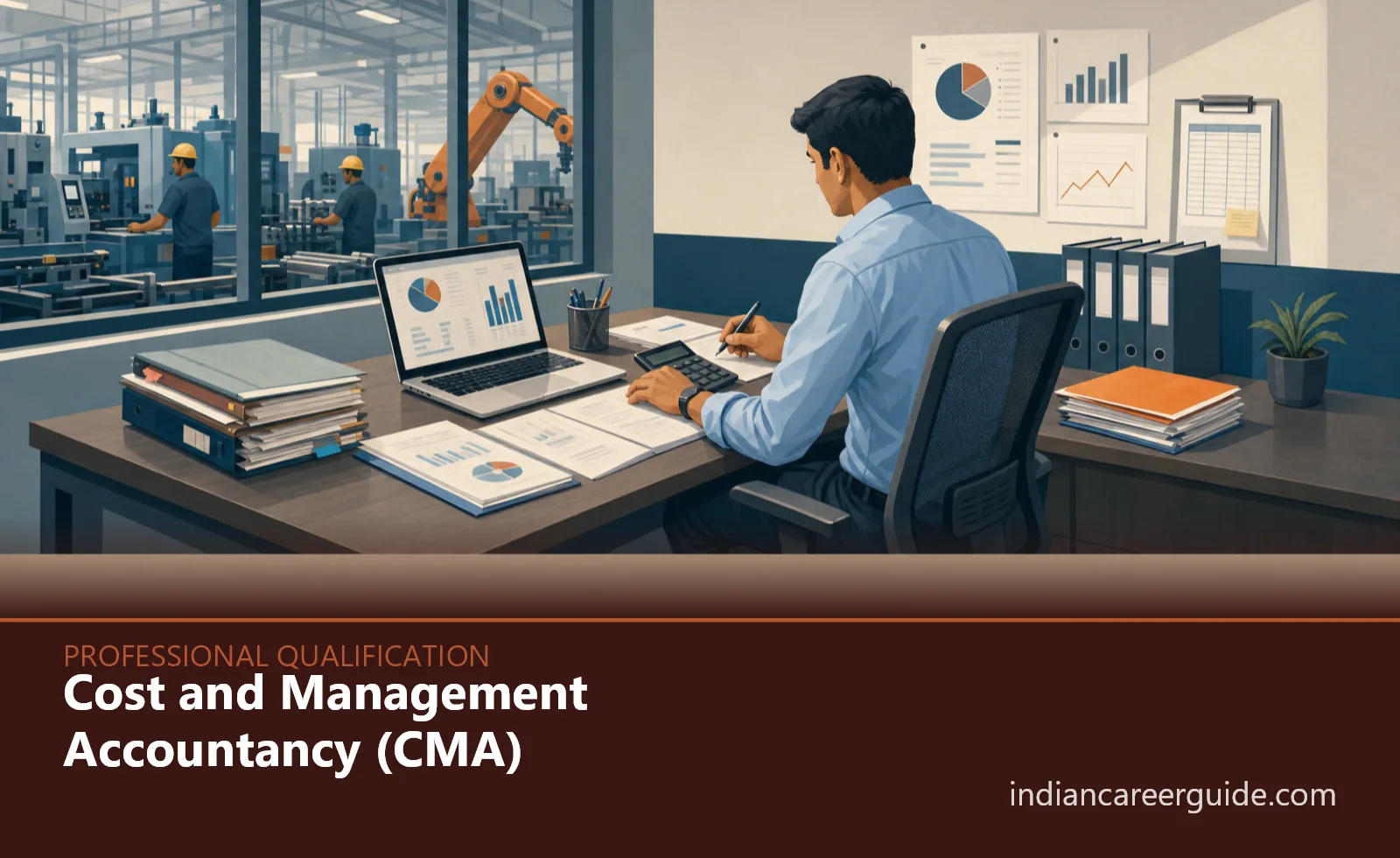 Factory accounts office where a Cost and Management Accountancy trainee compares production costs with budget reports.