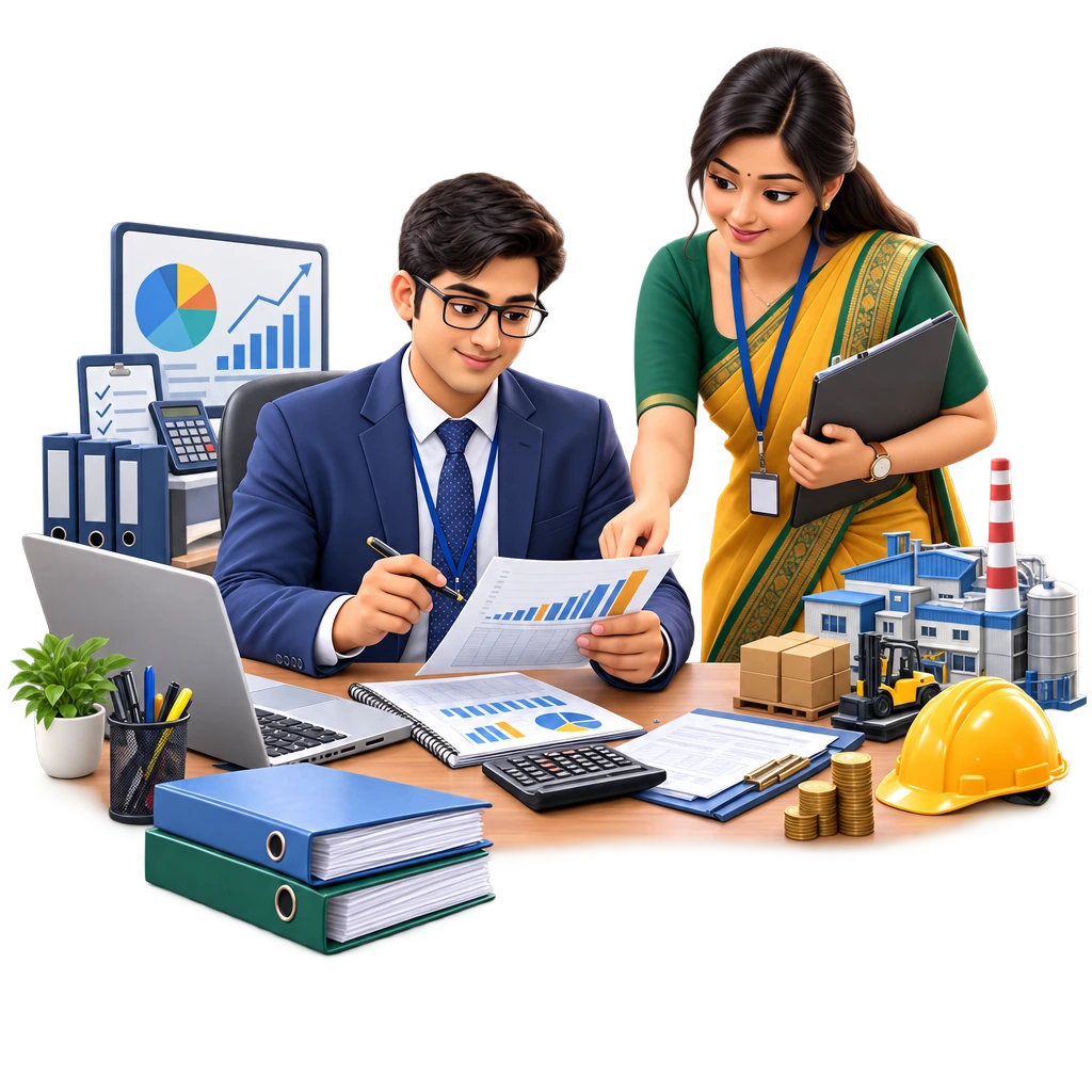 Cost and Management Accountancy trainee reviewing production cost sheets and budget figures on a laptop.