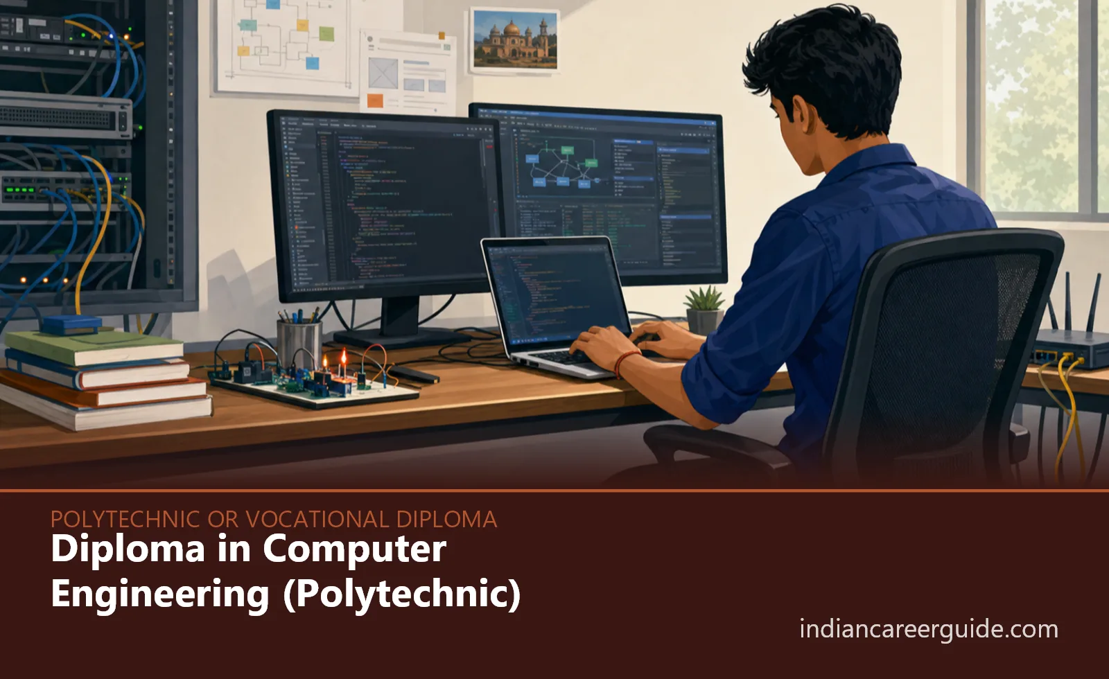 Polytechnic computer lab where a Diploma in Computer Engineering student tests a web application on desktop PCs.