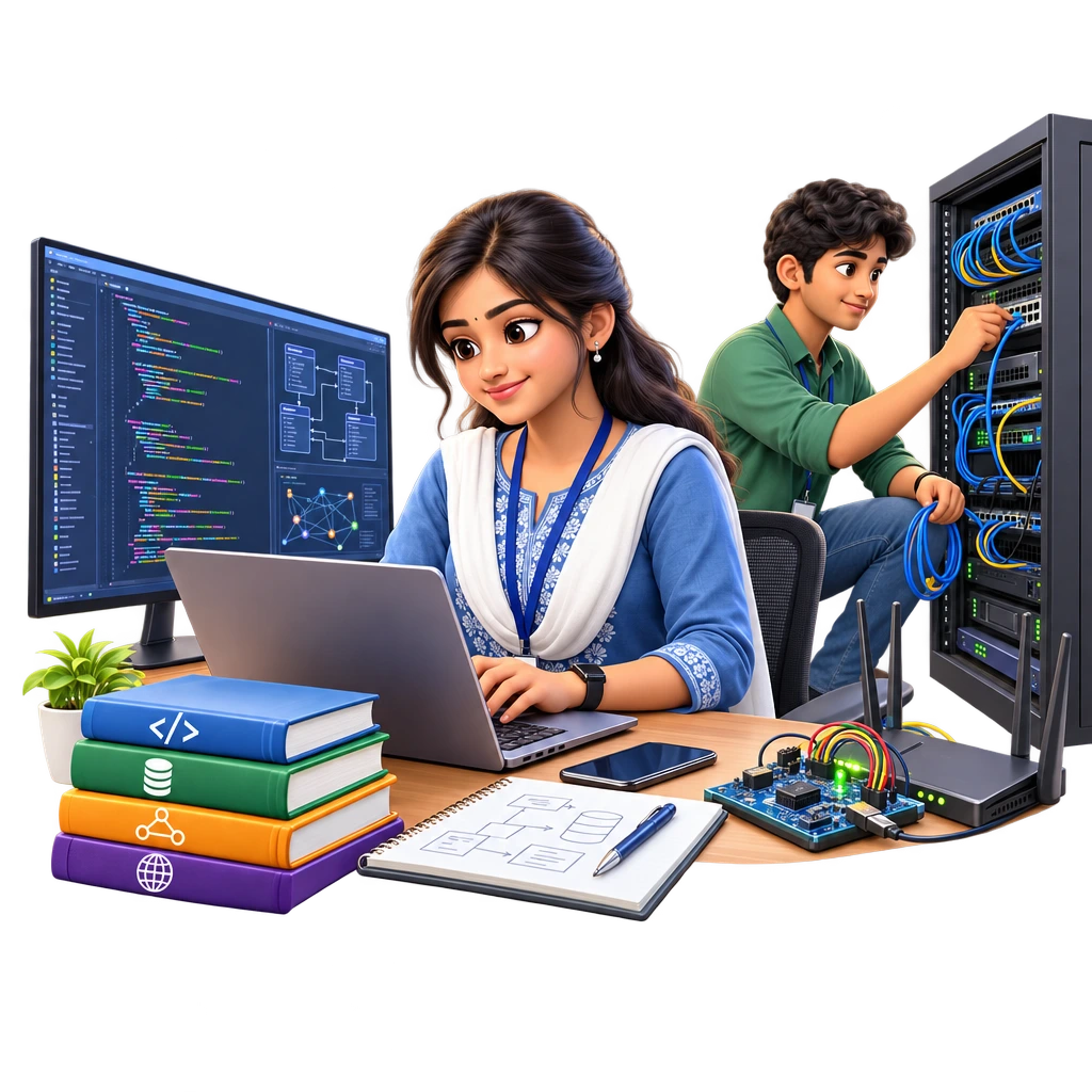 Diploma in Computer Engineering student writing code on a laptop linked to a network switch.