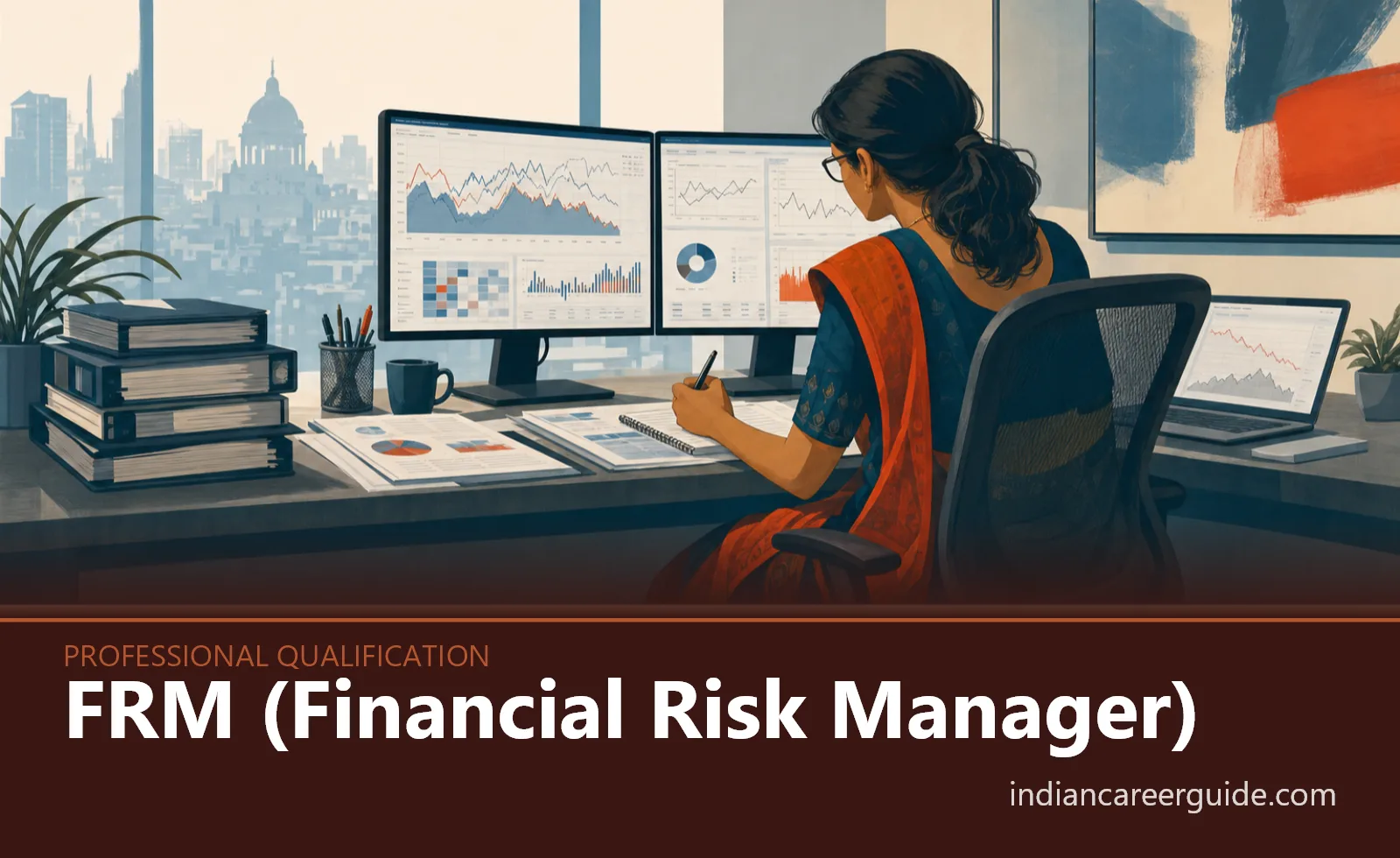 Inside a bank risk analytics office in India, an FRM learner checks risk data across dual screens.