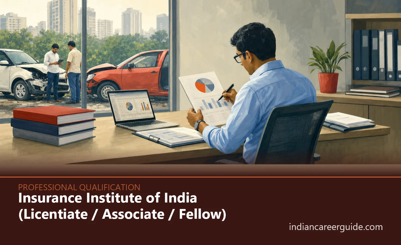 Insurance office where an Insurance Institute of India Associate studies policy documents at a workstation.