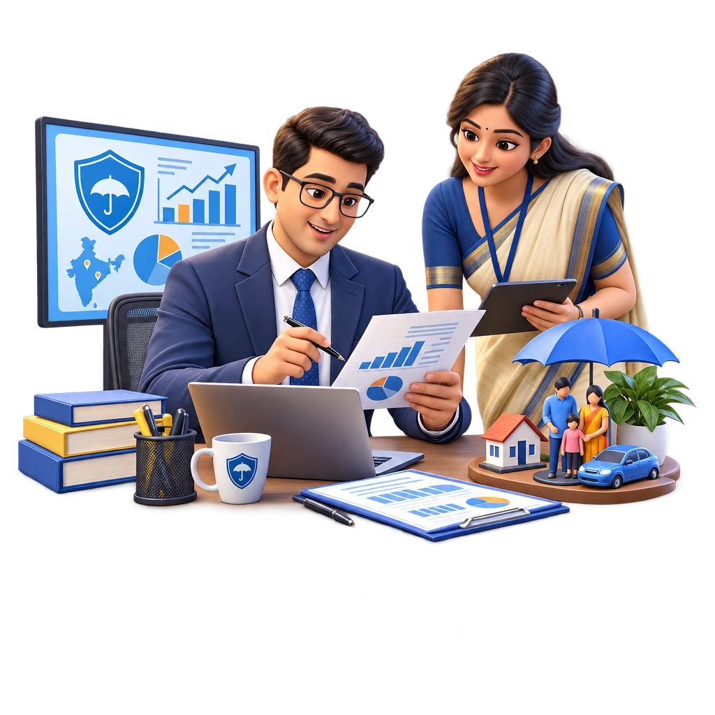 Insurance Institute of India Licentiate trainee reviewing a policy file on a laptop at a desk.