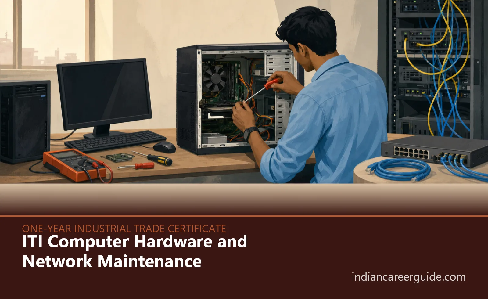 Computer workshop where an ITI Computer Hardware and Network Maintenance trainee tests a desktop on a LAN.